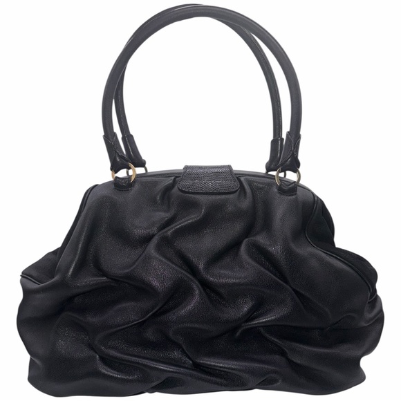 Smythson of Bond Street “Nancy” Genuine Leather Black Gathered Ruched Purse - Picture 4 of 12